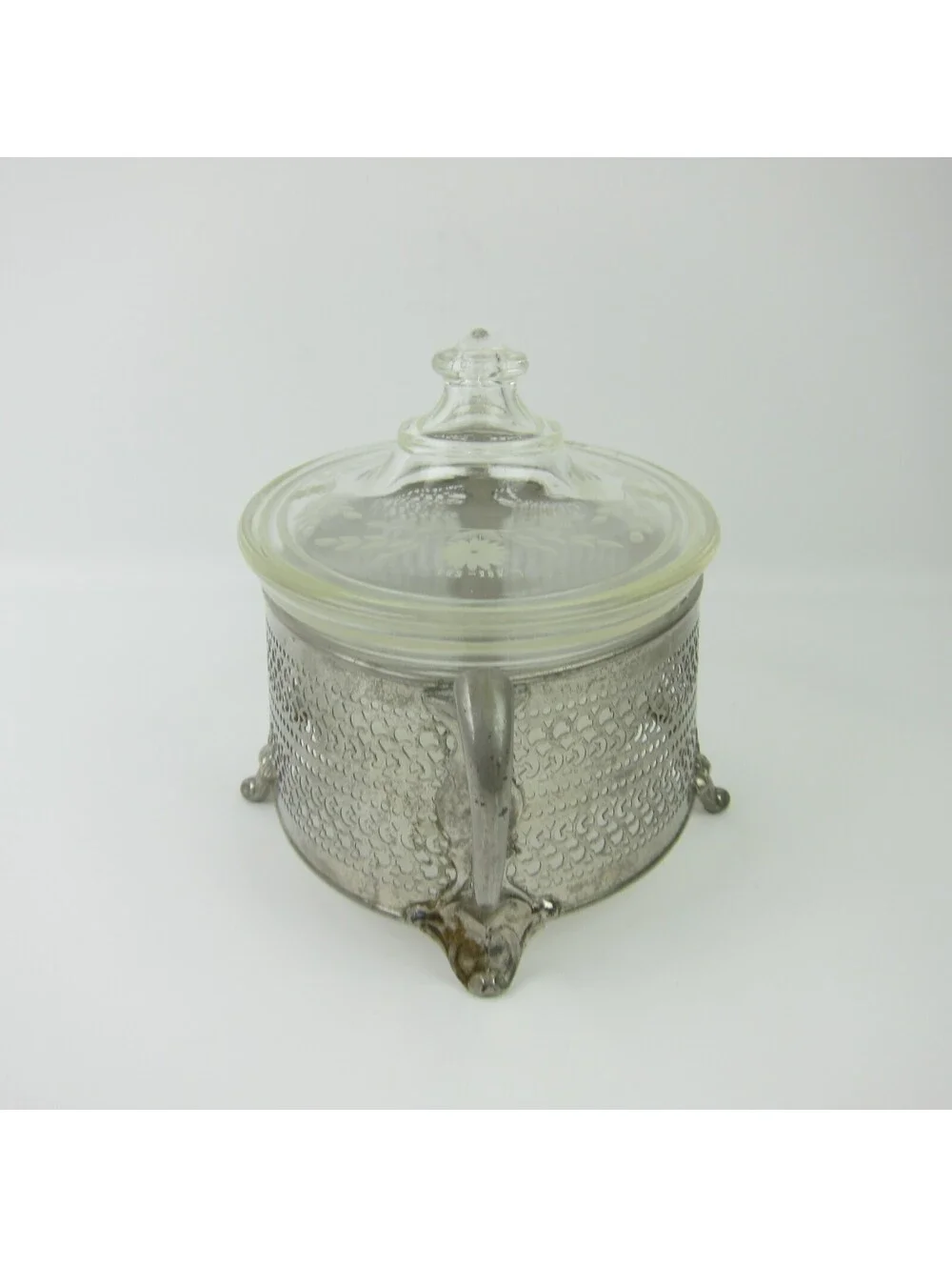 Vintage PYREX Covered Casserole Dish Floral Etched Lid Mara Silver Metal Stand